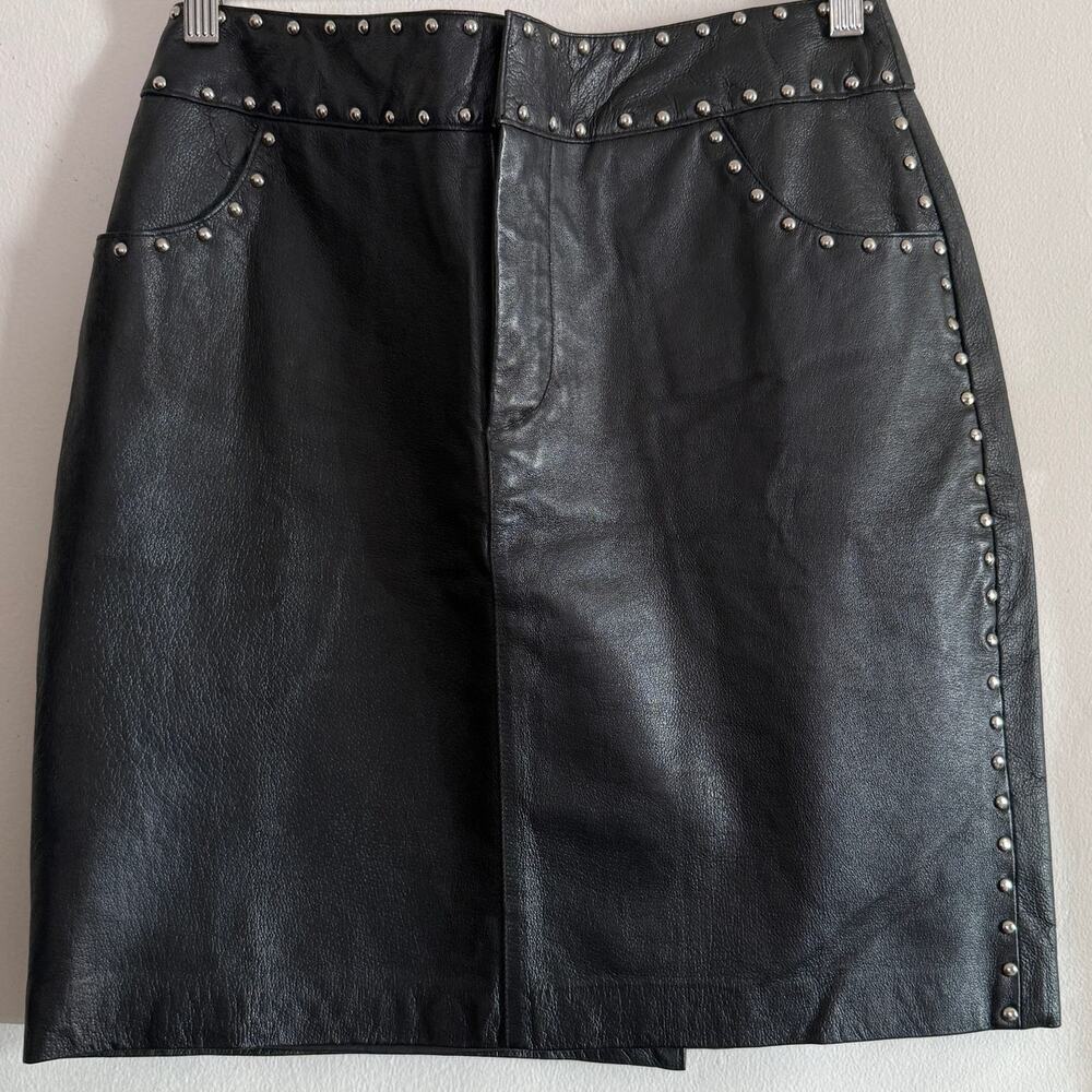 80s Vintage Tower Hill Collection Black Studded Leather Miniskirt | Size 10